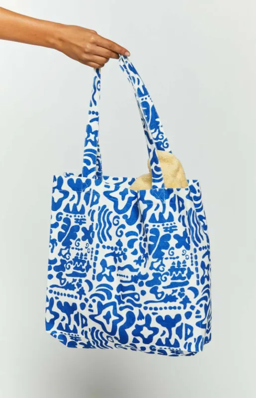 Rome Blue Print Bag sold by Beginning Boutique