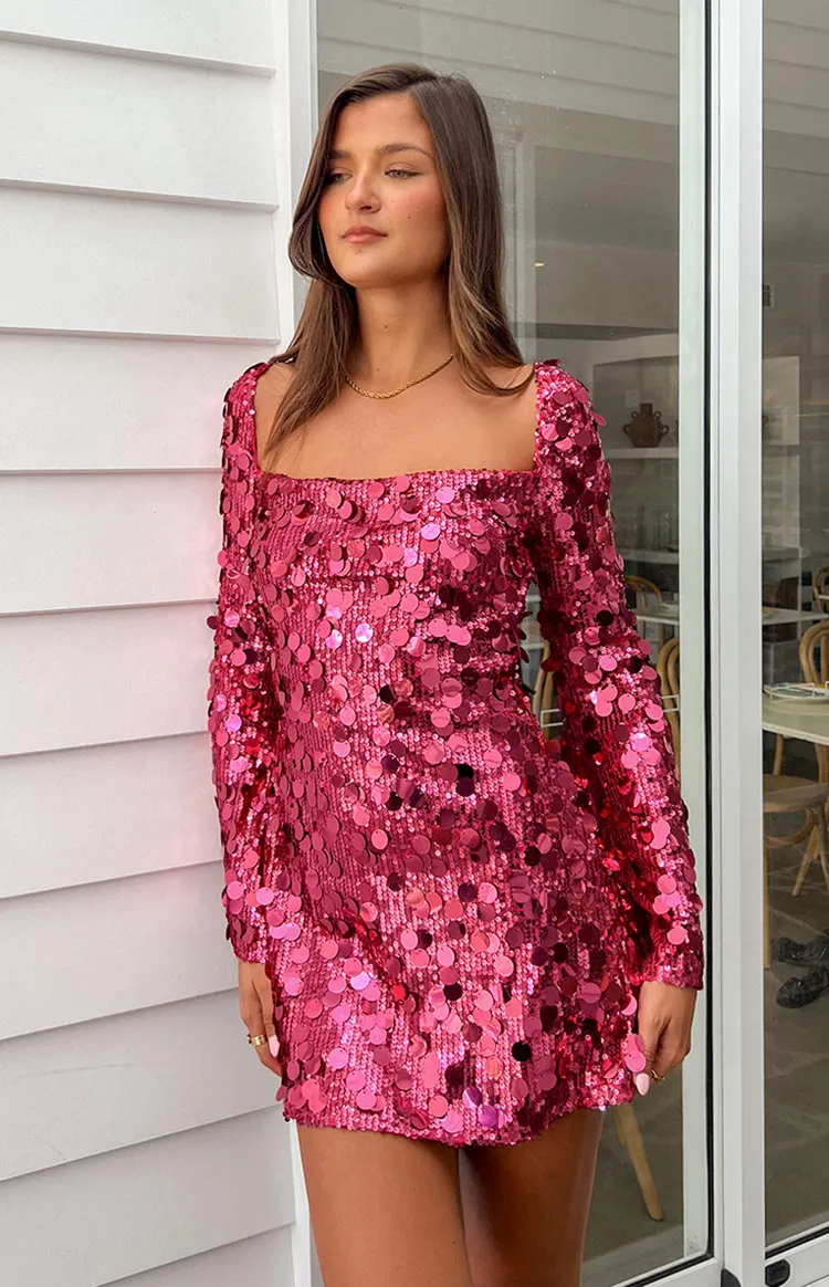 Marienne Pink Sequin Long Sleeve Mini Dress sold by Beginning Boutique
