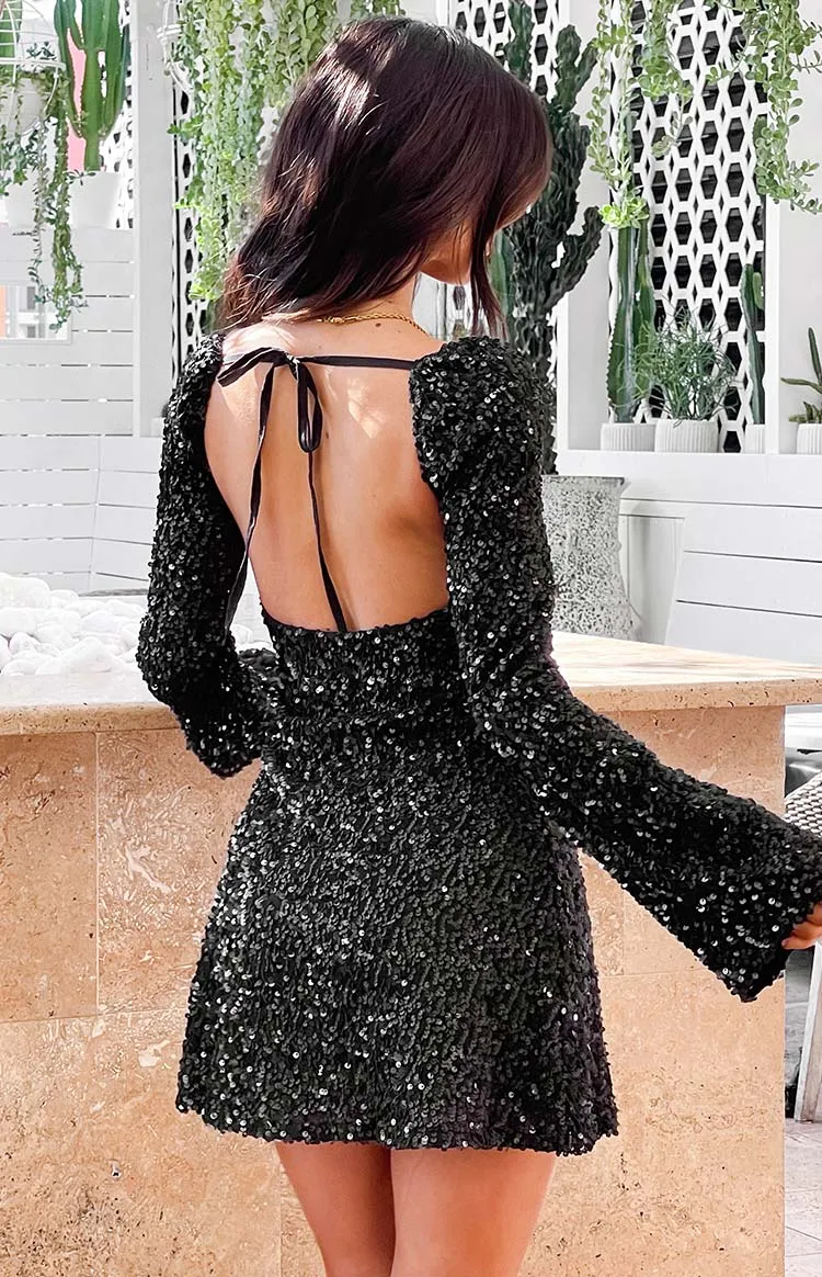 Marienne Black Sequin Long Sleeve Mini Dress sold by Beginning Boutique