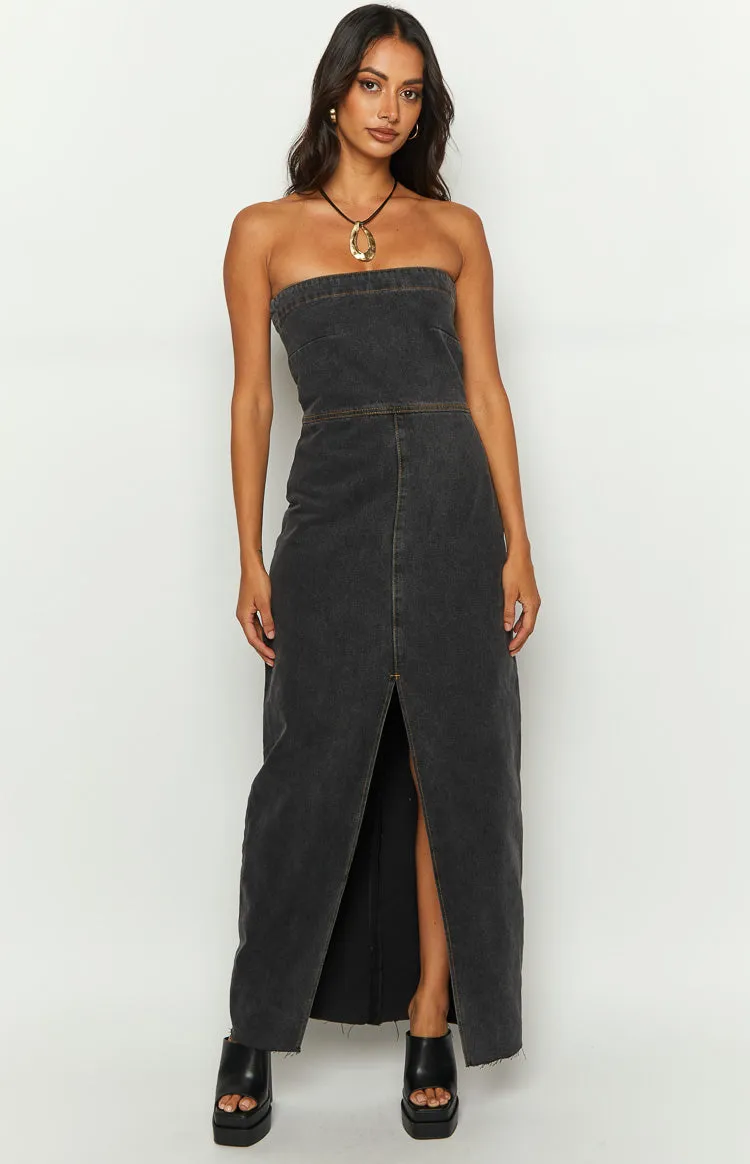 Romey Black Denim Strapless Maxi Dress sold by Beginning Boutique
