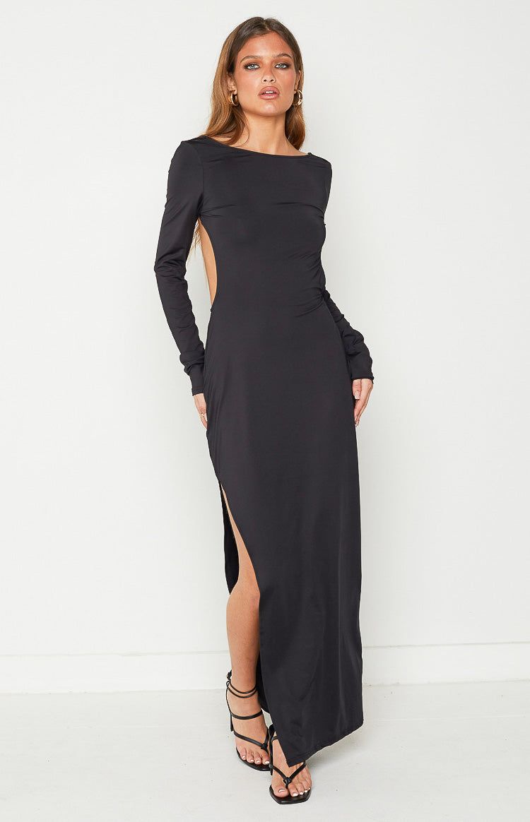 Charis Black Long Sleeve Backless Maxi Dress sold by Beginning Boutique