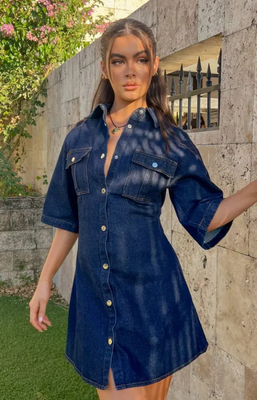 Xena Denim Mini Dress sold by Beginning Boutique