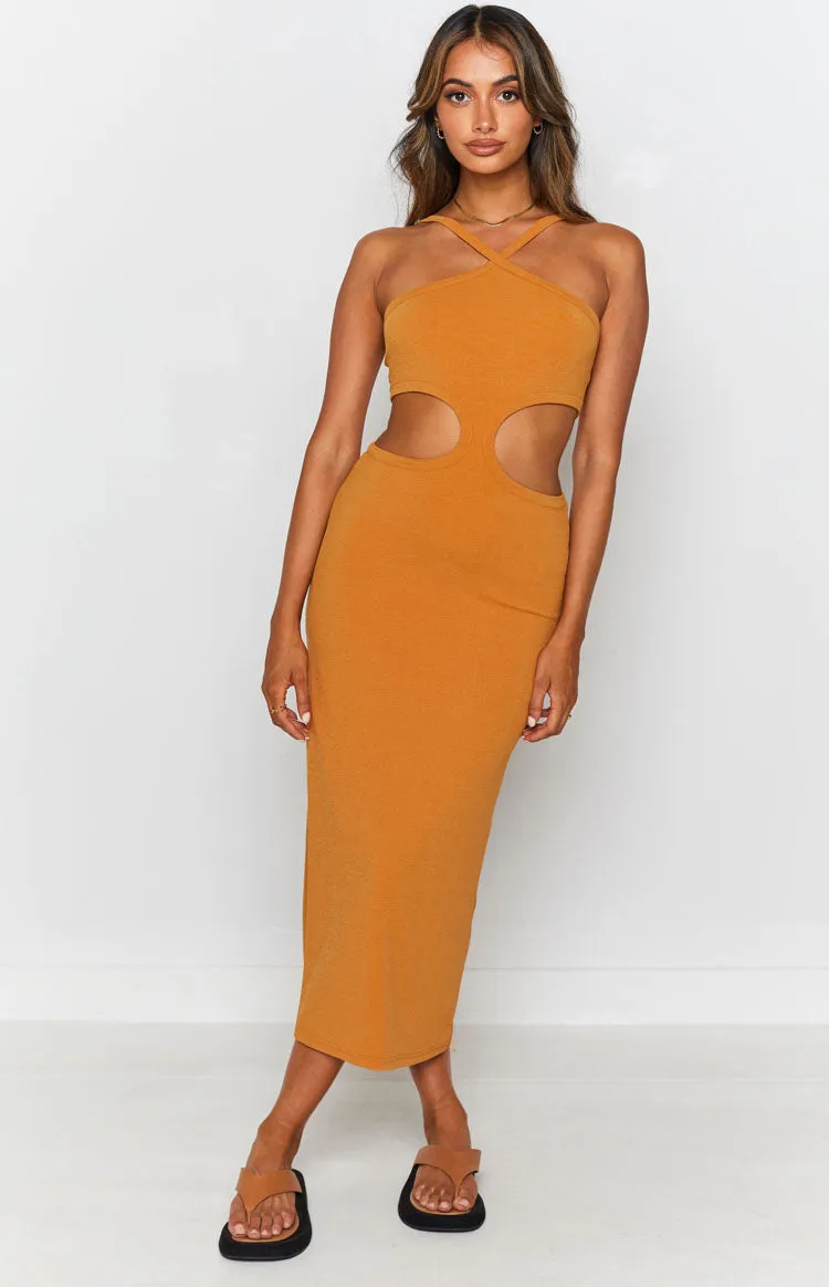 Faith Midi Dress Dark Mustard sold by Beginning Boutique