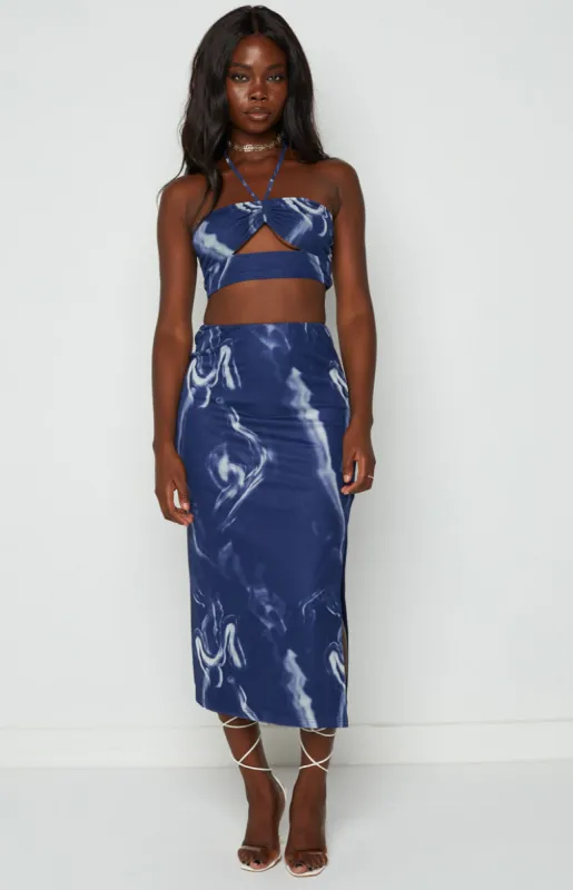 Fable Navy Mesh Midi Skirt sold by Beginning Boutique