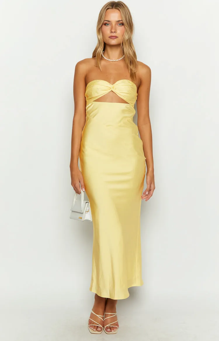 Kenna Yellow Satin Strapless Maxi Dress sold by Beginning Boutique product image thumbnail 4