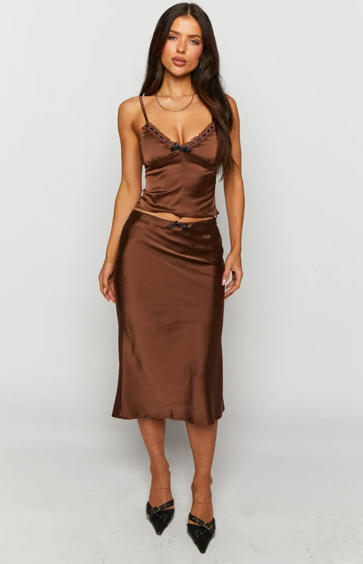 Khloe Brown Satin Midi Skirt sold by Beginning Boutique