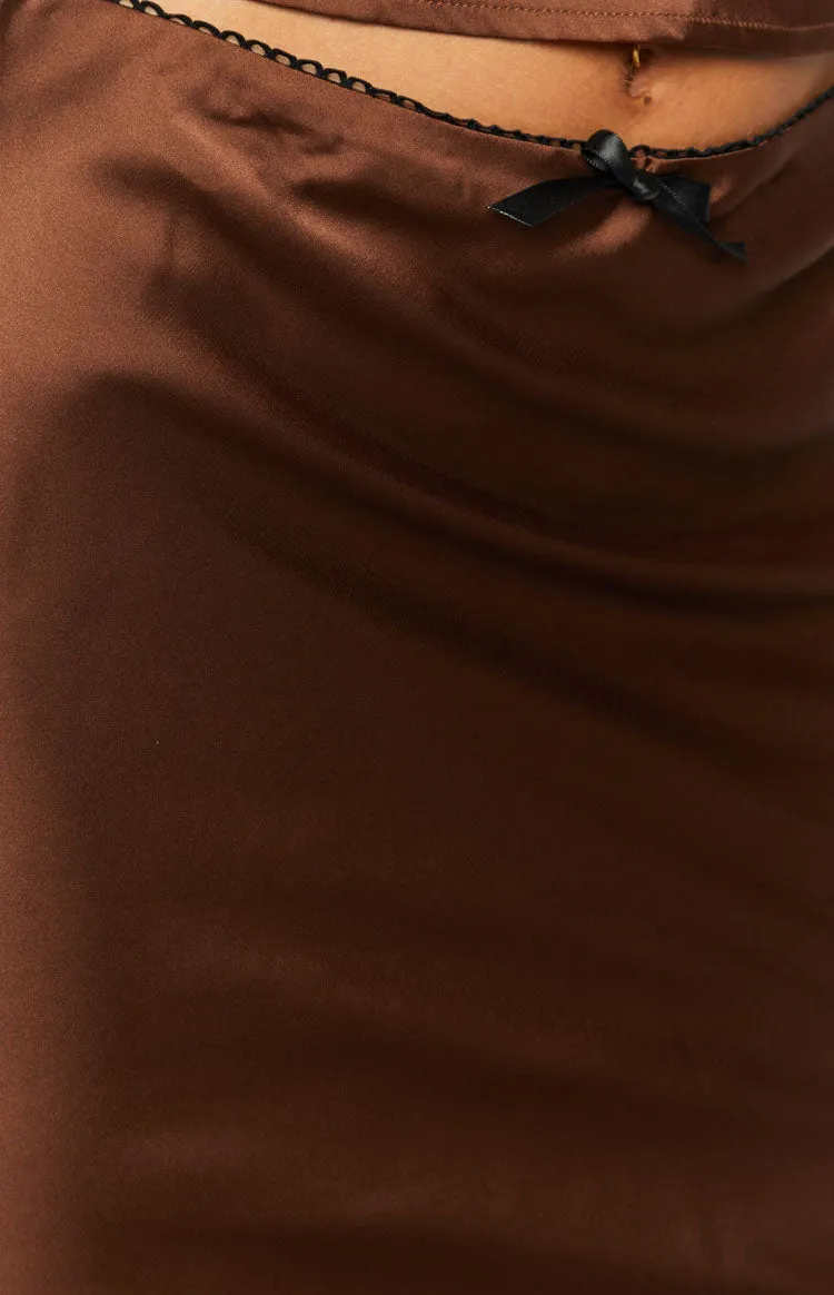 Khloe Brown Satin Midi Skirt sold by Beginning Boutique product image thumbnail 4