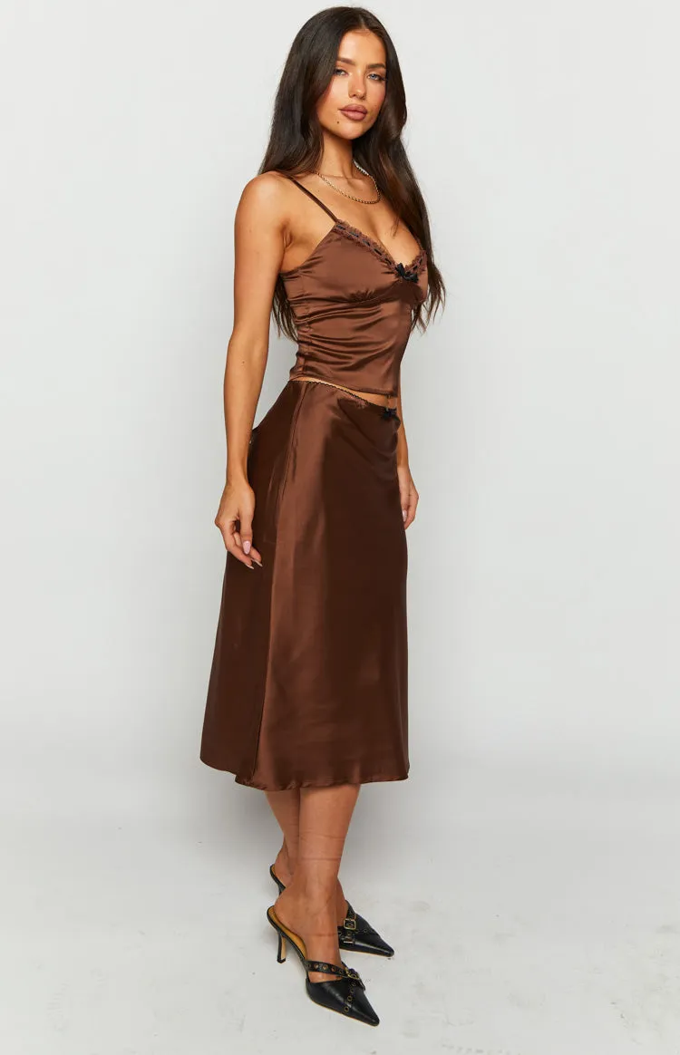Khloe Brown Satin Midi Skirt sold by Beginning Boutique product image thumbnail 3