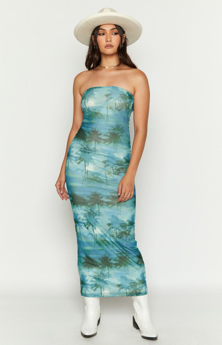 Adriana Blue Print Strapless Maxi Mesh Dress sold by Beginning Boutique product image thumbnail 4