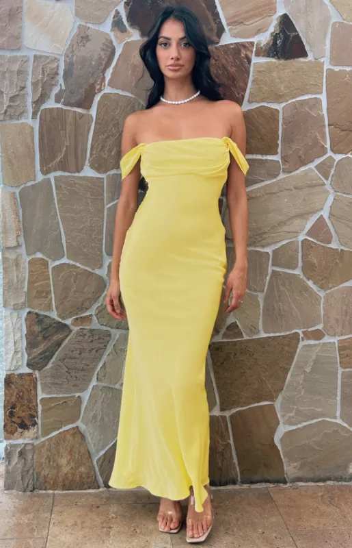 Ella Light Yellow Off Shoulder Formal Maxi Dress sold by Beginning Boutique