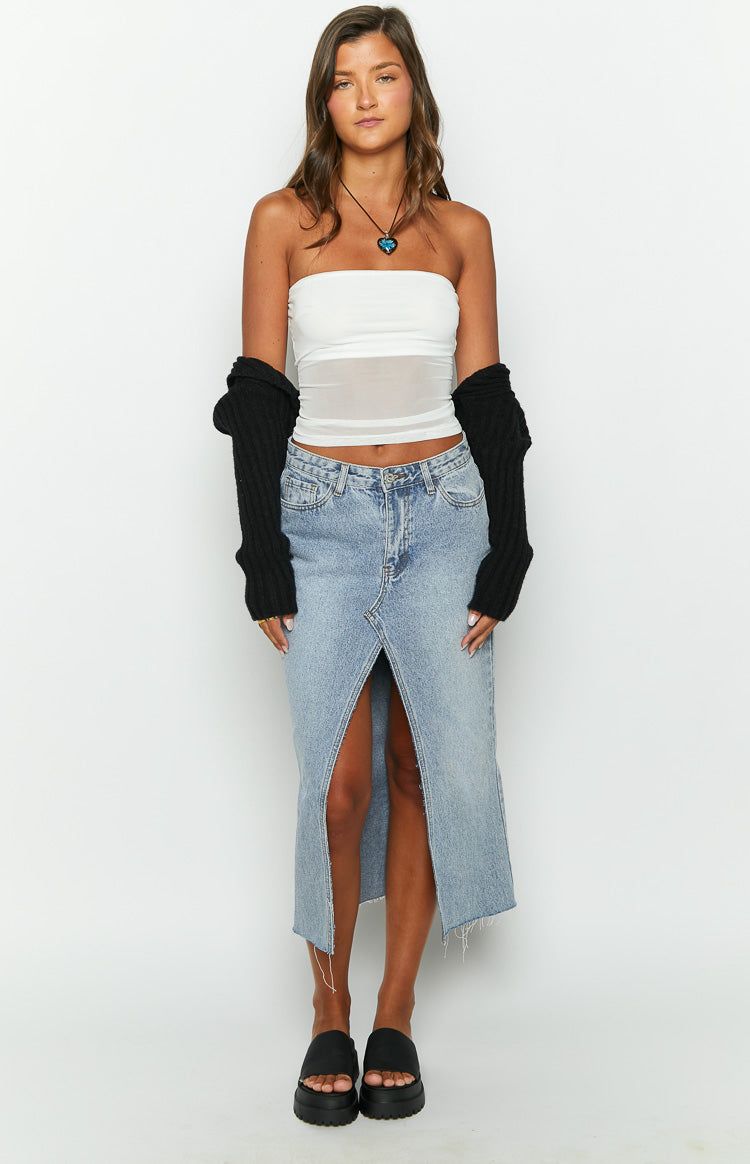 Re-worked Low Waisted Front Split Denim Midi Skirt sold by Beginning Boutique product image thumbnail 2