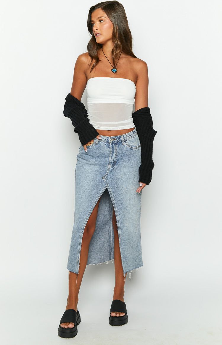 Re-worked Low Waisted Front Split Denim Midi Skirt sold by Beginning Boutique product image thumbnail 3
