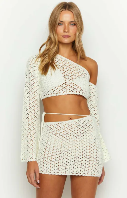 Hadie White Crochet Mini Skirt sold by Beginning Boutique