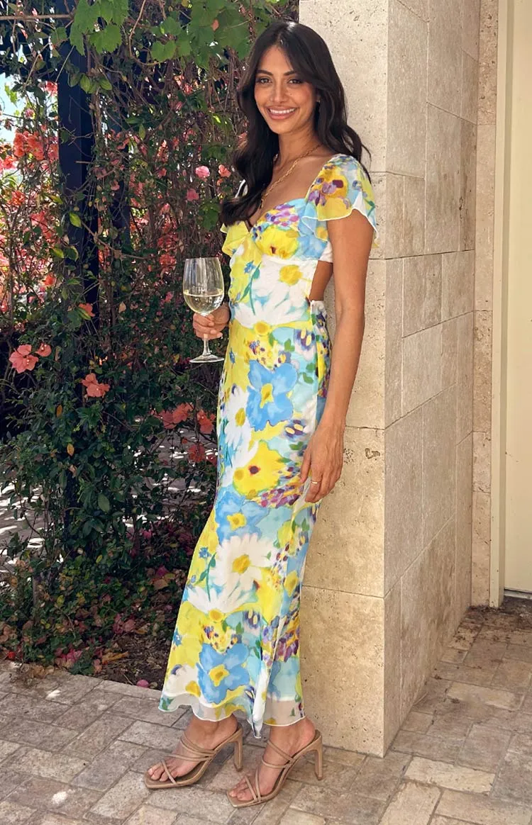 Raymi Blue Floral Chiffon Maxi Dress sold by Beginning Boutique