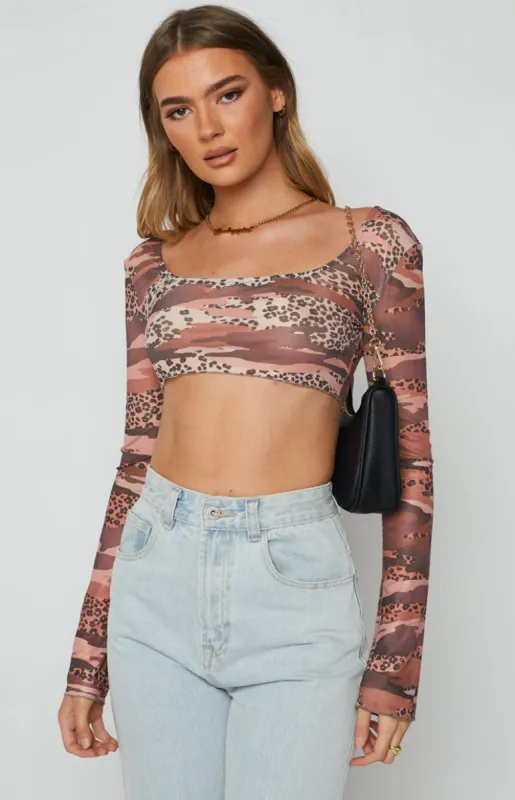 Undercover Brown Print Mesh Top sold by Beginning Boutique