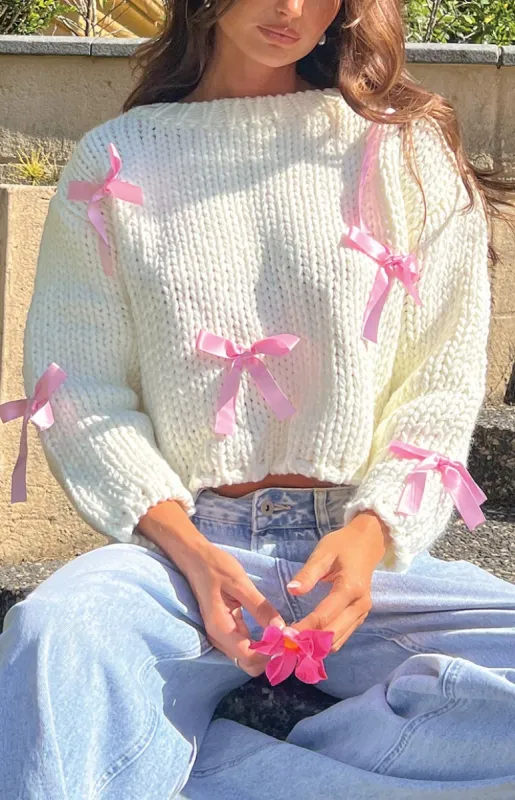 Sweetheart Stitch Bow White Sweater sold by Beginning Boutique