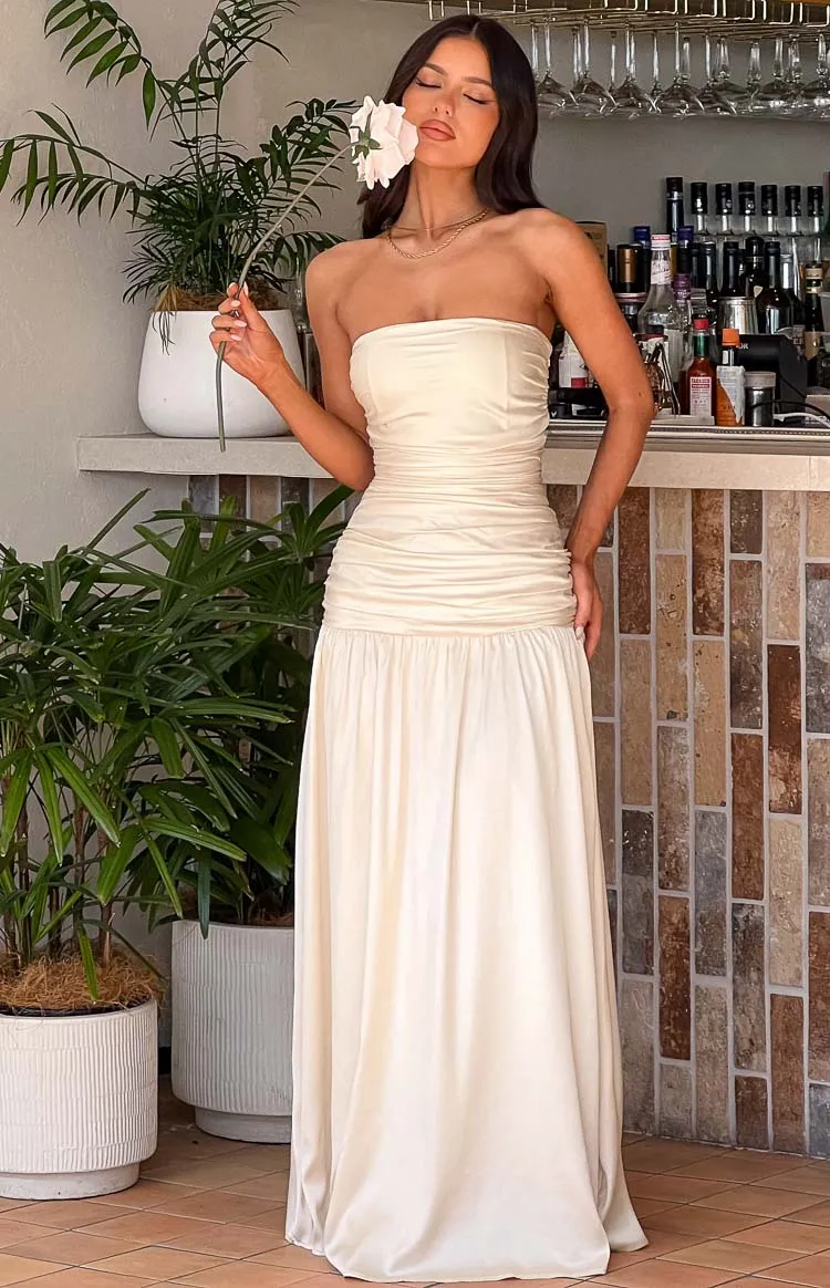 Sinclair Cream Satin Strapless Maxi Dress sold by Beginning Boutique