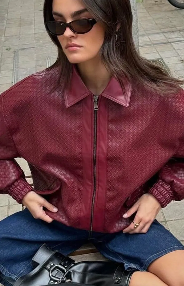 Lioness Kenny Burgundy Bomber Jacket sold by Beginning Boutique