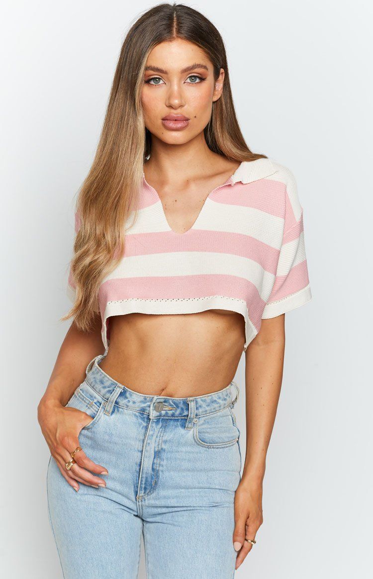 Rugby Striped Crop Tee Pink sold by Beginning Boutique product image thumbnail 4