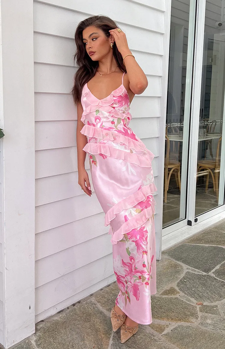 Inara Pink Floral Print Ruffle Maxi Dress sold by Beginning Boutique