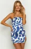 Lauren Blue Print Strapless Mini Dress sold by Beginning Boutique