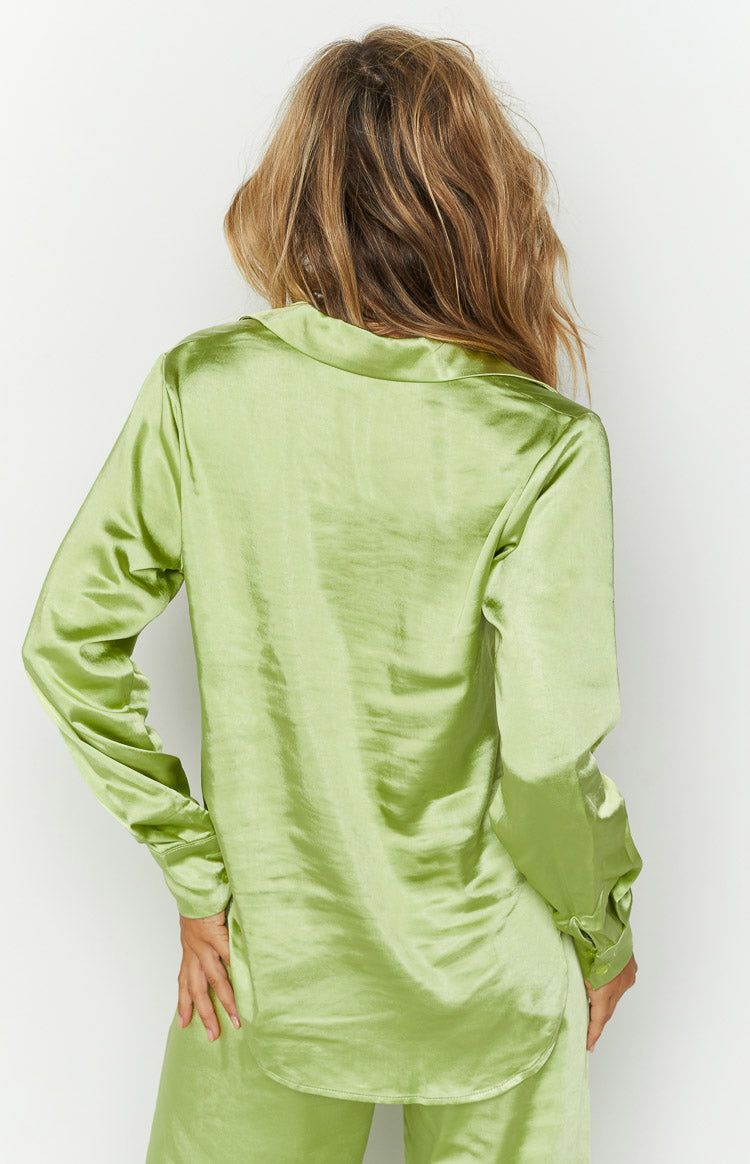 Livia Green Satin Shirt sold by Beginning Boutique product image thumbnail 4