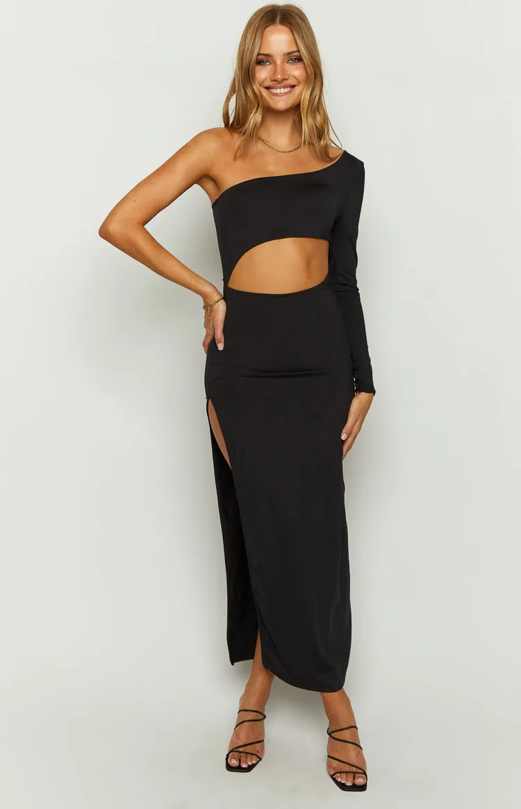 Maxine Black One Shoulder Midi Dress sold by Beginning Boutique
