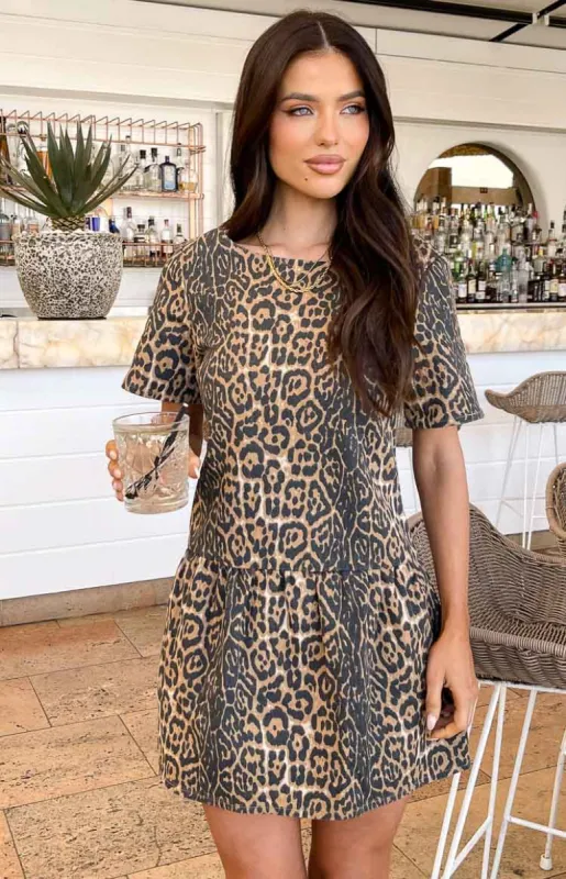 Amee Leopard Print Denim Mini Dress sold by Beginning Boutique
