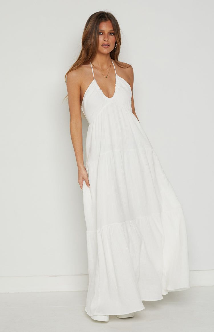 Breezi White Tiered Maxi Dress sold by Beginning Boutique