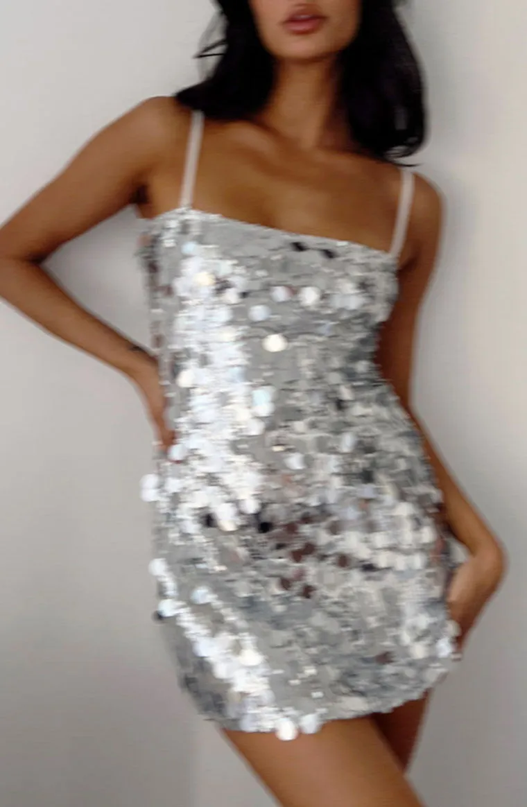 Radiant Silver Sparkle Mini Dress sold by Beginning Boutique