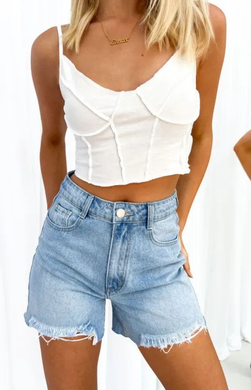 Peyton Blue Denim Shorts sold by Beginning Boutique