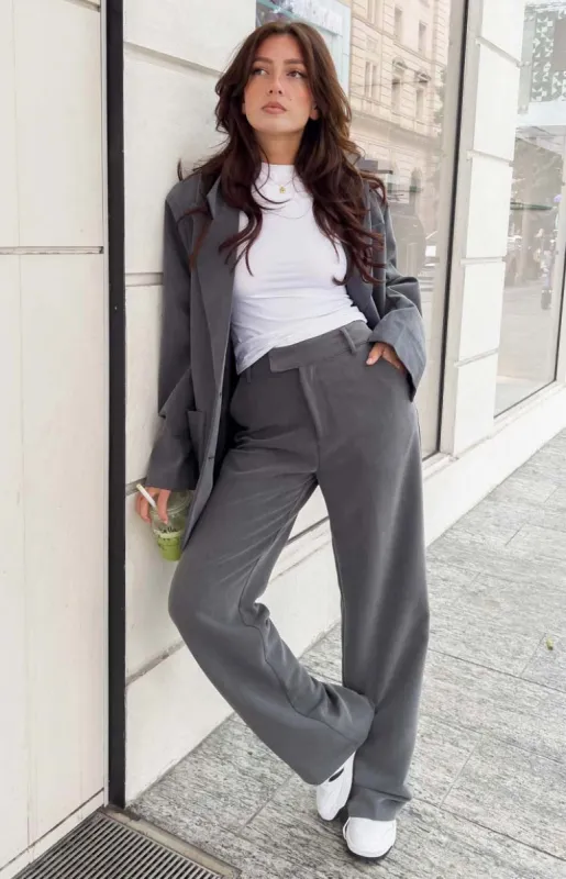 Cabo Grey Straight Leg High Waisted Tailored Pant sold by Beginning Boutique