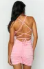 Stacey Ruched Pink Mini Dress sold by Beginning Boutique