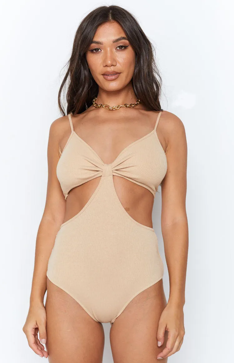 Lille Side Cut Out Knit Bodysuit Beige sold by Beginning Boutique