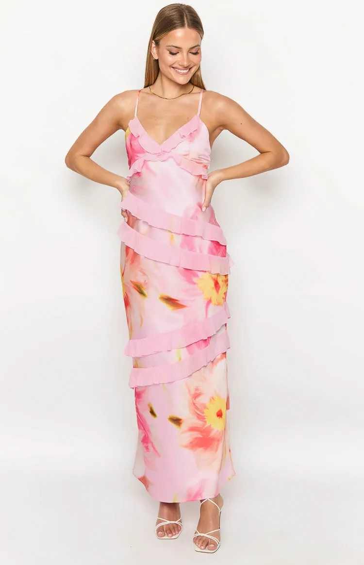 Inara Light Pink Floral Print Ruffle Maxi Dress sold by Beginning Boutique product image thumbnail 3