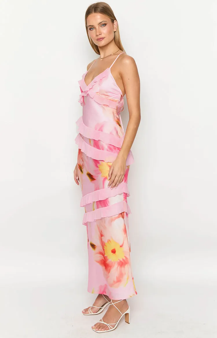 Inara Light Pink Floral Print Ruffle Maxi Dress sold by Beginning Boutique product image thumbnail 4