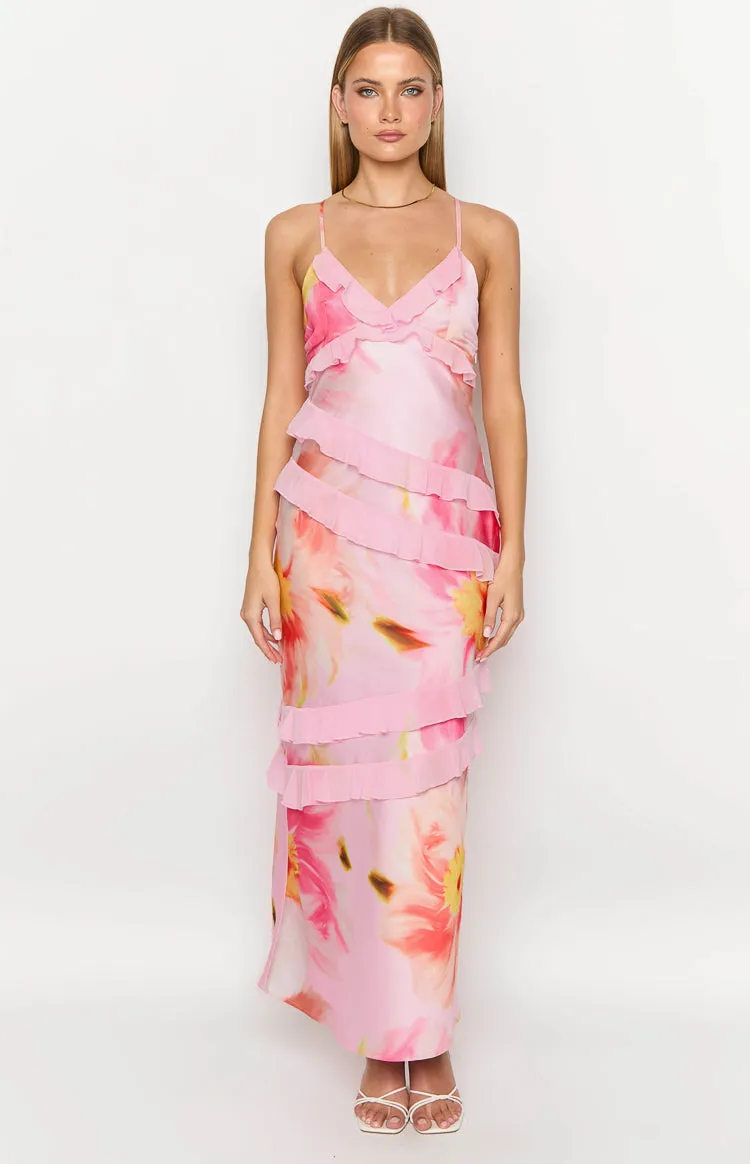 Inara Light Pink Floral Print Ruffle Maxi Dress sold by Beginning Boutique product image thumbnail 2