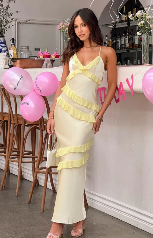 Inara Yellow Ruffle Maxi Dress sold by Beginning Boutique