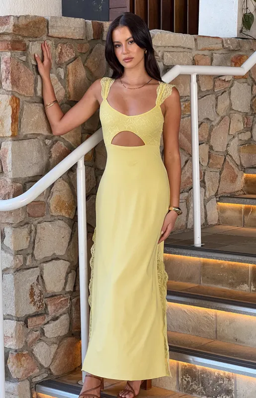Tiana Yellow Lace Maxi Dress sold by Beginning Boutique