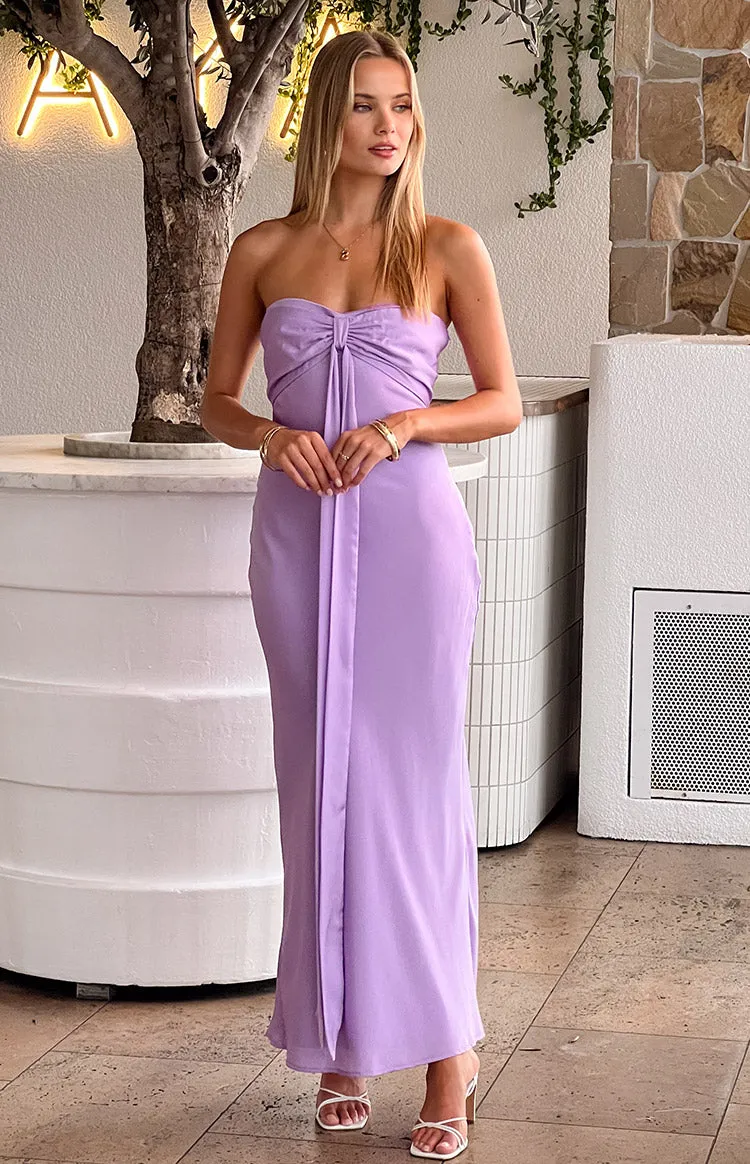 Ariella Lilac Satin Strapless Maxi Dress sold by Beginning Boutique