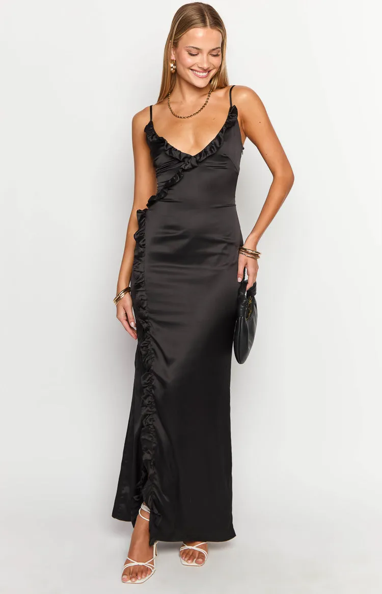 Nahanee Black Satin Ruffle Maxi Dress sold by Beginning Boutique product image thumbnail 3