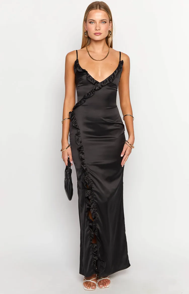 Nahanee Black Satin Ruffle Maxi Dress sold by Beginning Boutique product image thumbnail 2