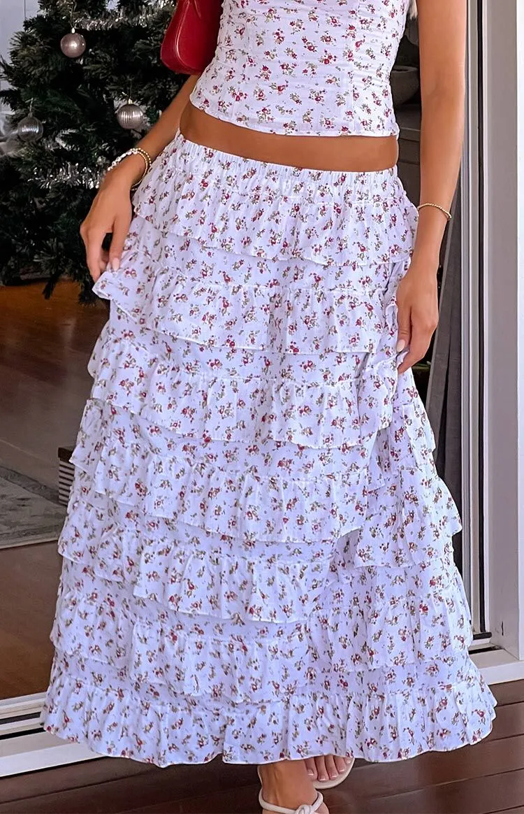 Paisley White Floral Ruffle Maxi Skirt sold by Beginning Boutique