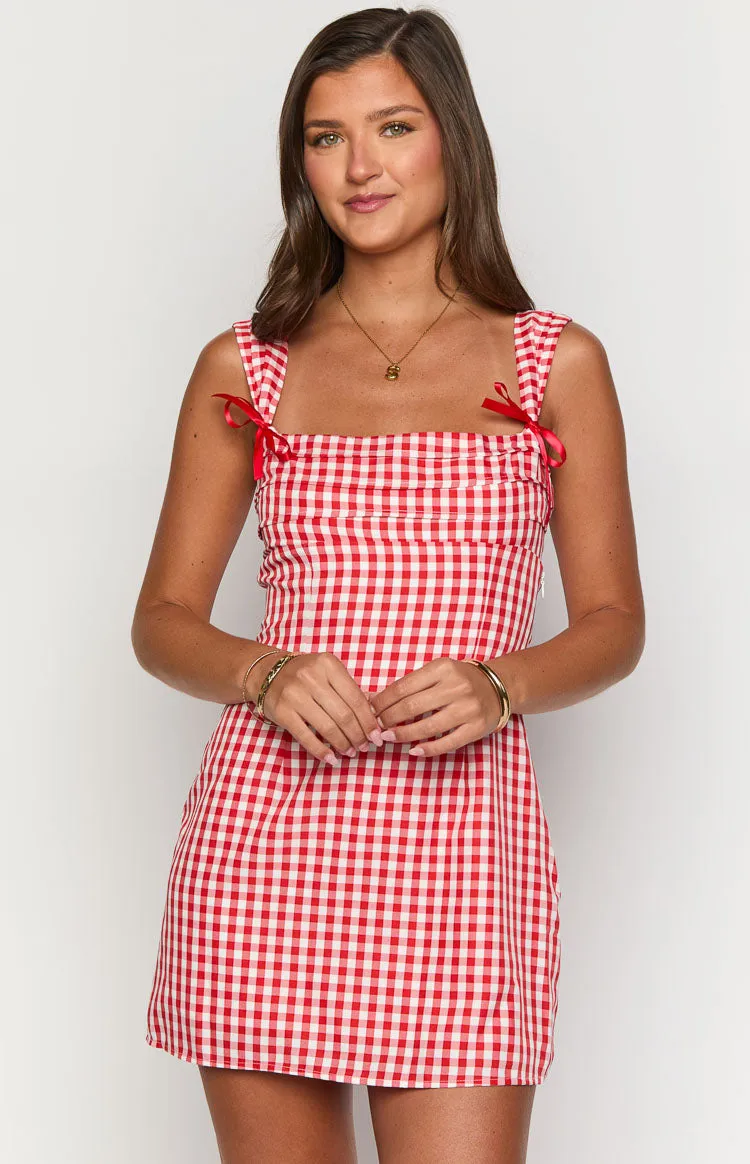 Layla Red Gingham Tie Back Mini Dress sold by Beginning Boutique product image thumbnail 2