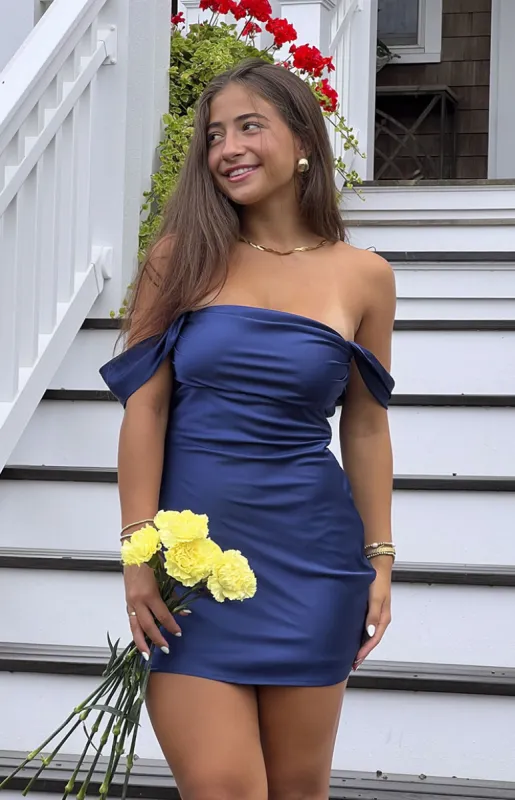 Zoella Navy Off The Shoulder Mini Dress sold by Beginning Boutique