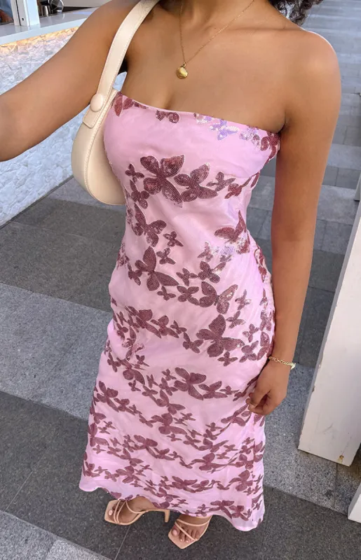 Tari Pink Butterfly Sequin Maxi Dress sold by Beginning Boutique