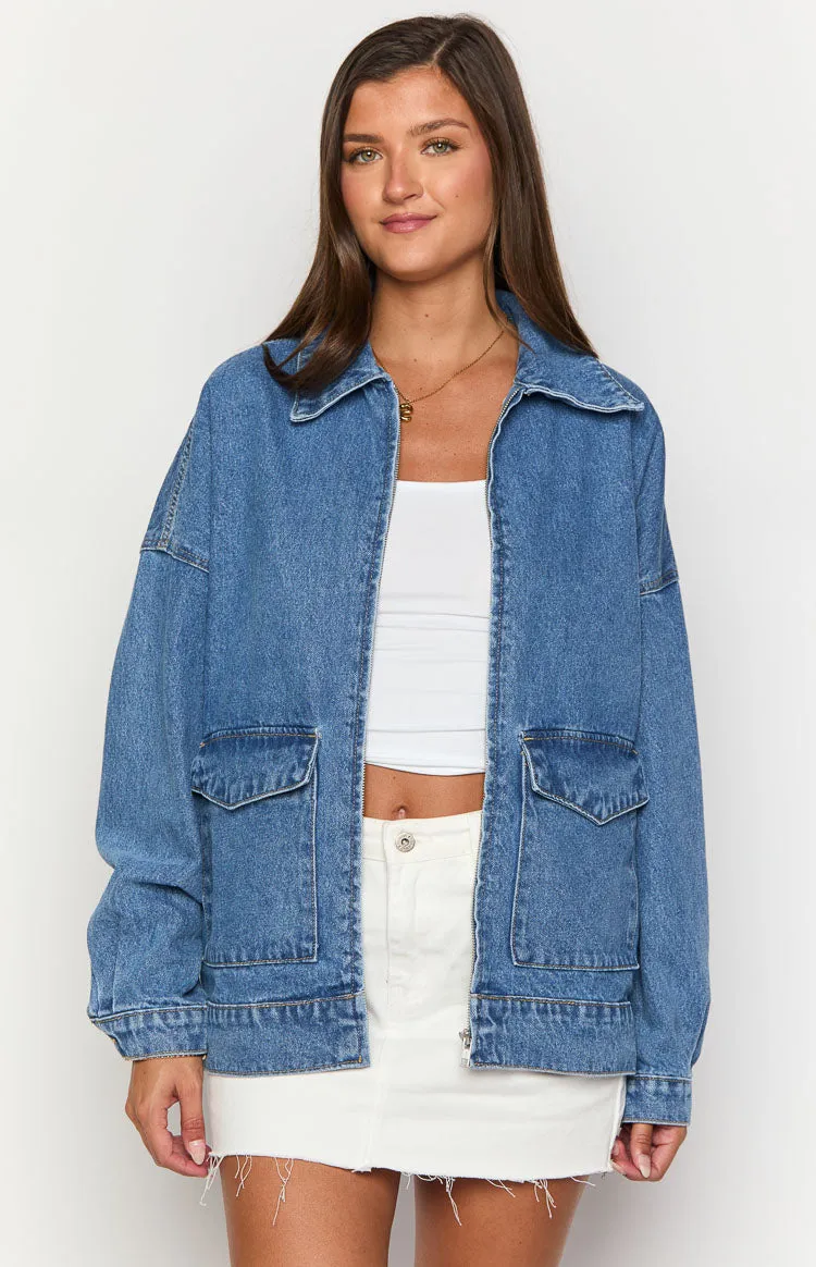 Abigail Mid Wash Denim Bomber Jacket sold by Beginning Boutique product image thumbnail 2