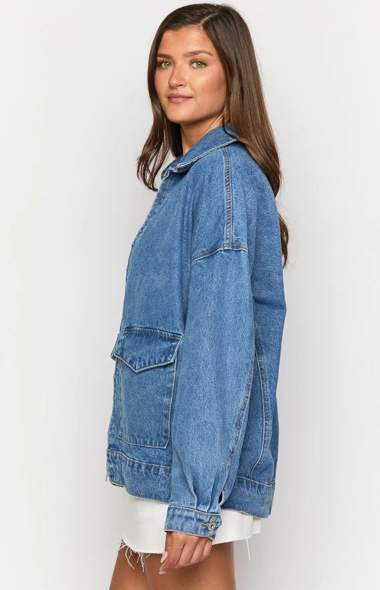 Abigail Mid Wash Denim Bomber Jacket sold by Beginning Boutique product image thumbnail 4