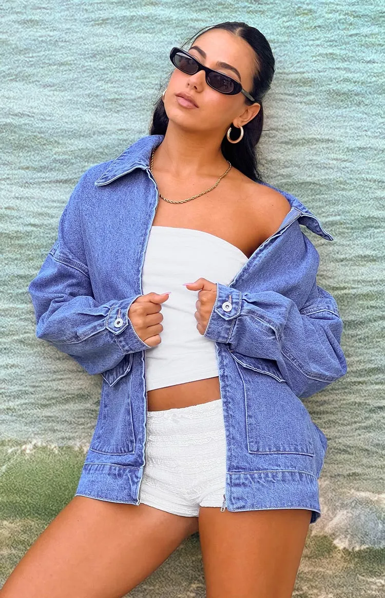 Abigail Mid Wash Denim Bomber Jacket sold by Beginning Boutique