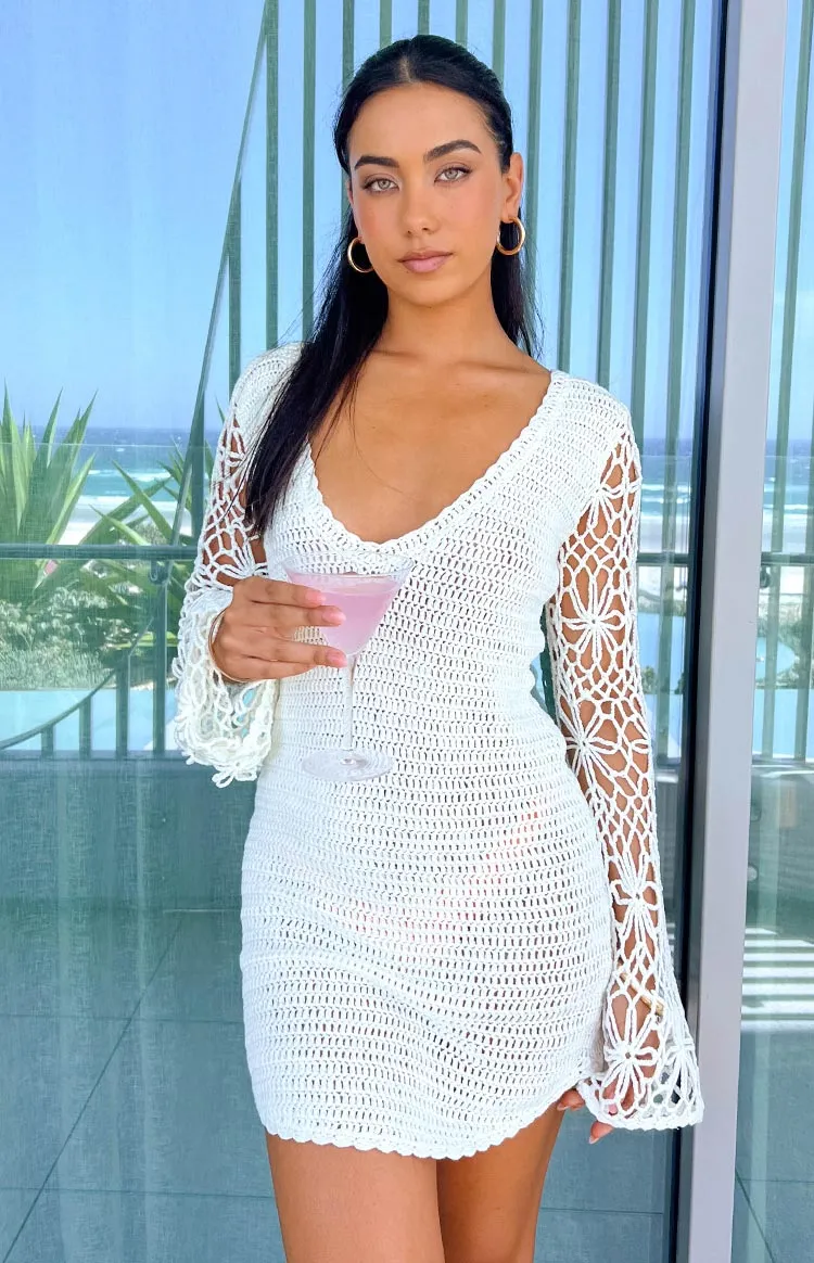 Amlee White Crochet Long Sleeve Mini Dress sold by Beginning Boutique